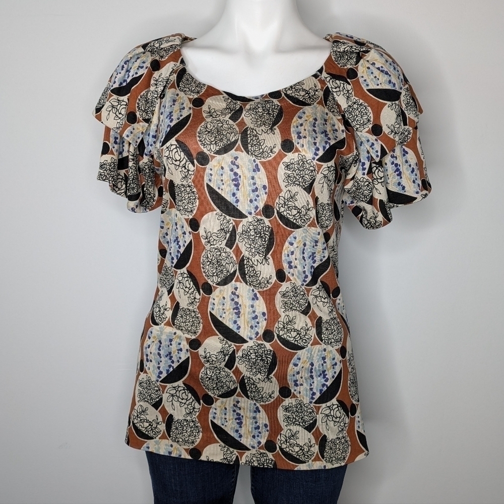 Anthro Deletta brown cream blue layered short sleeve top L
